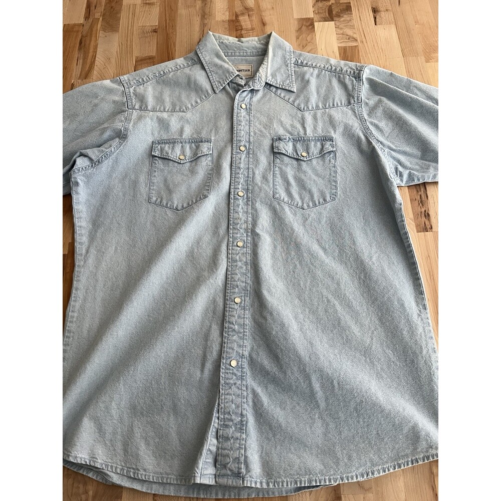 Vintage Men's Frontier Denim Snap Shirt Workwear Short Sleeve Light Wash XL